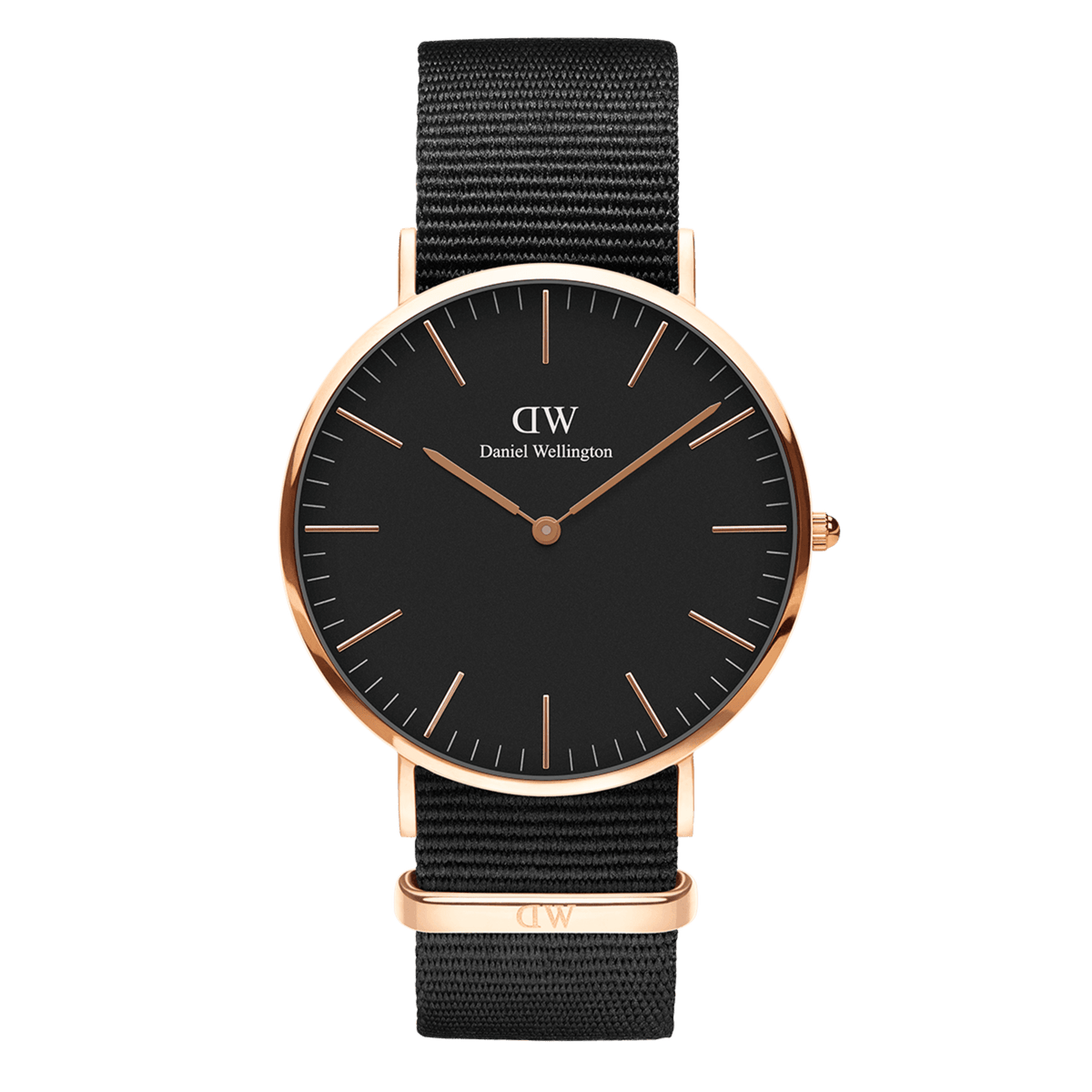 Classic Cornwall Black Rose Gold watch featuring a black dial, slim rose gold hour markers and hands, and a black NATO strap with rose gold detailing.