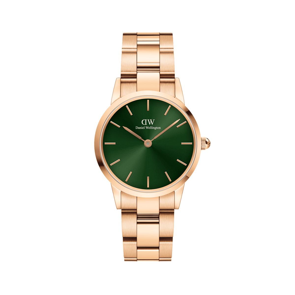 Rose gold watch with a polished link bracelet and a deep emerald green dial featuring minimalist hour markers and hands.