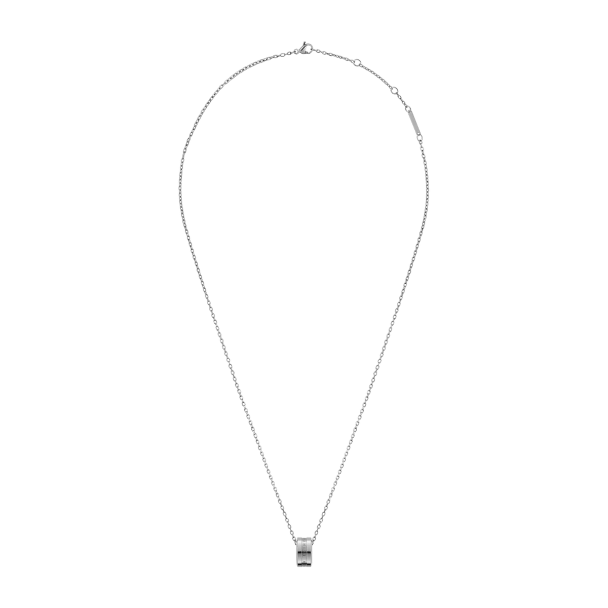 Elan Necklace Silver with a polished ring pendant on a fine, adjustable stainless steel chain displayed against a plain background.