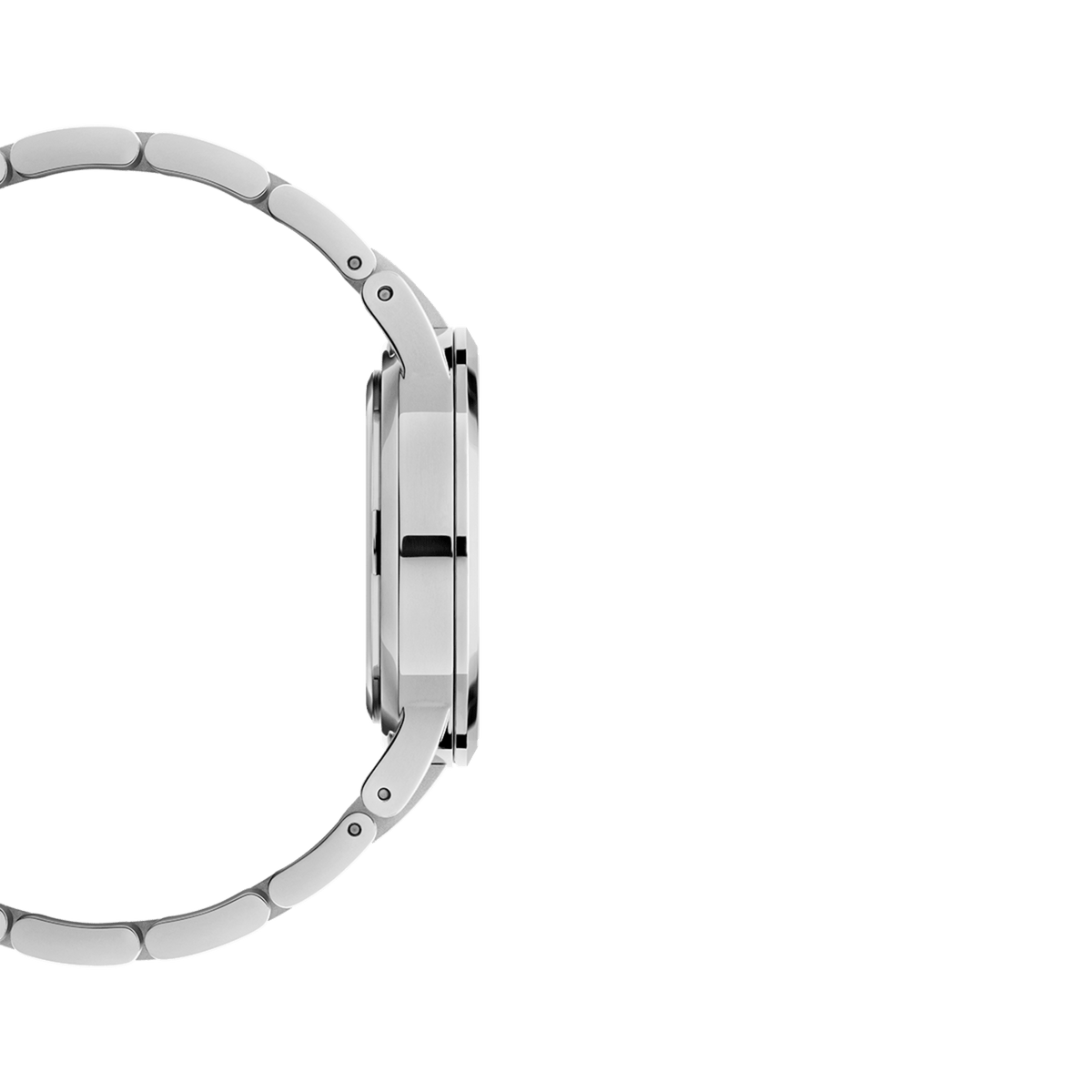 Daniel Wellington Iconic Link Silver watch side profile showing slim stainless steel case and three-piece link bracelet.