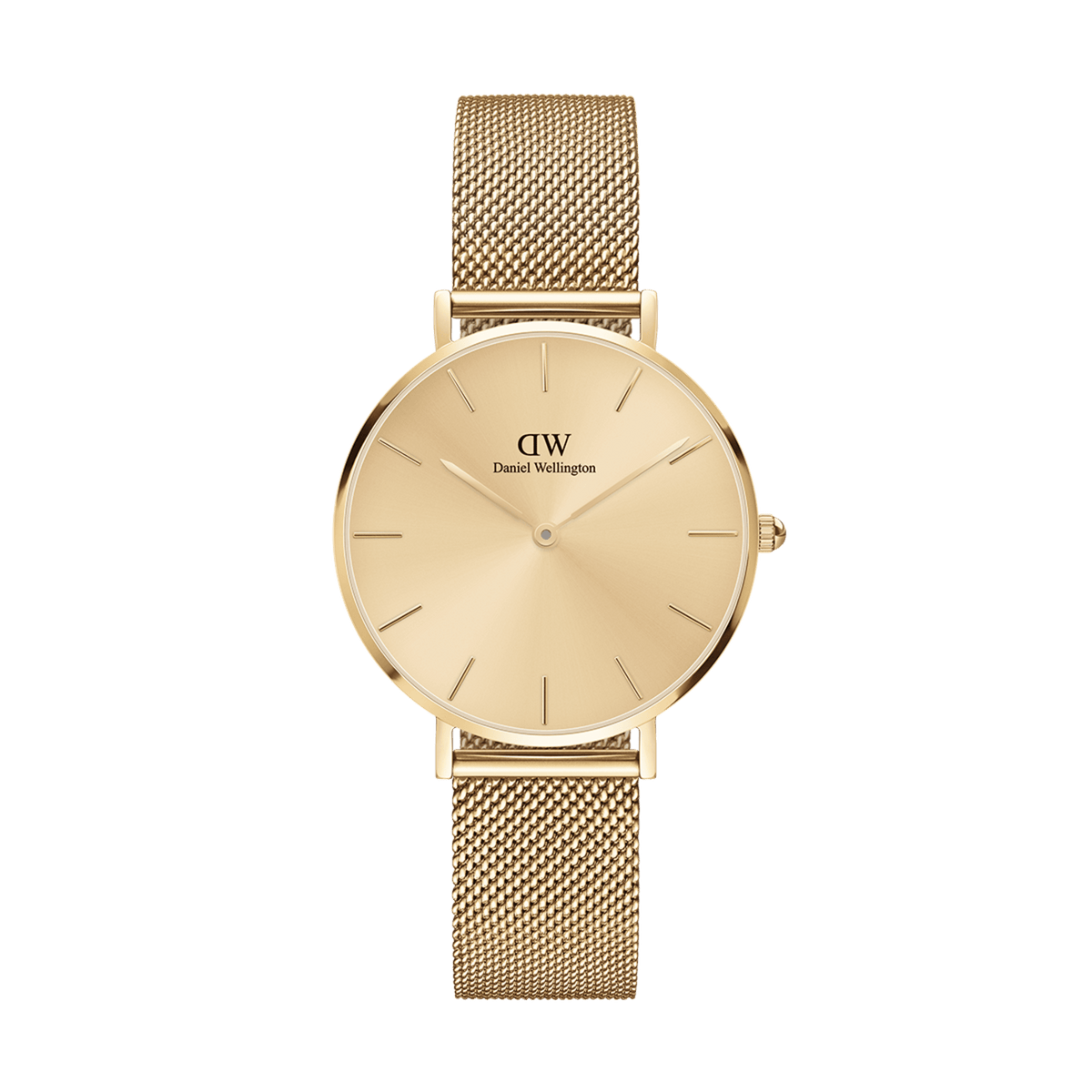 Petite Unitone Gold women’s watch with gold mesh strap and minimalist gold dial, polished stainless steel case.