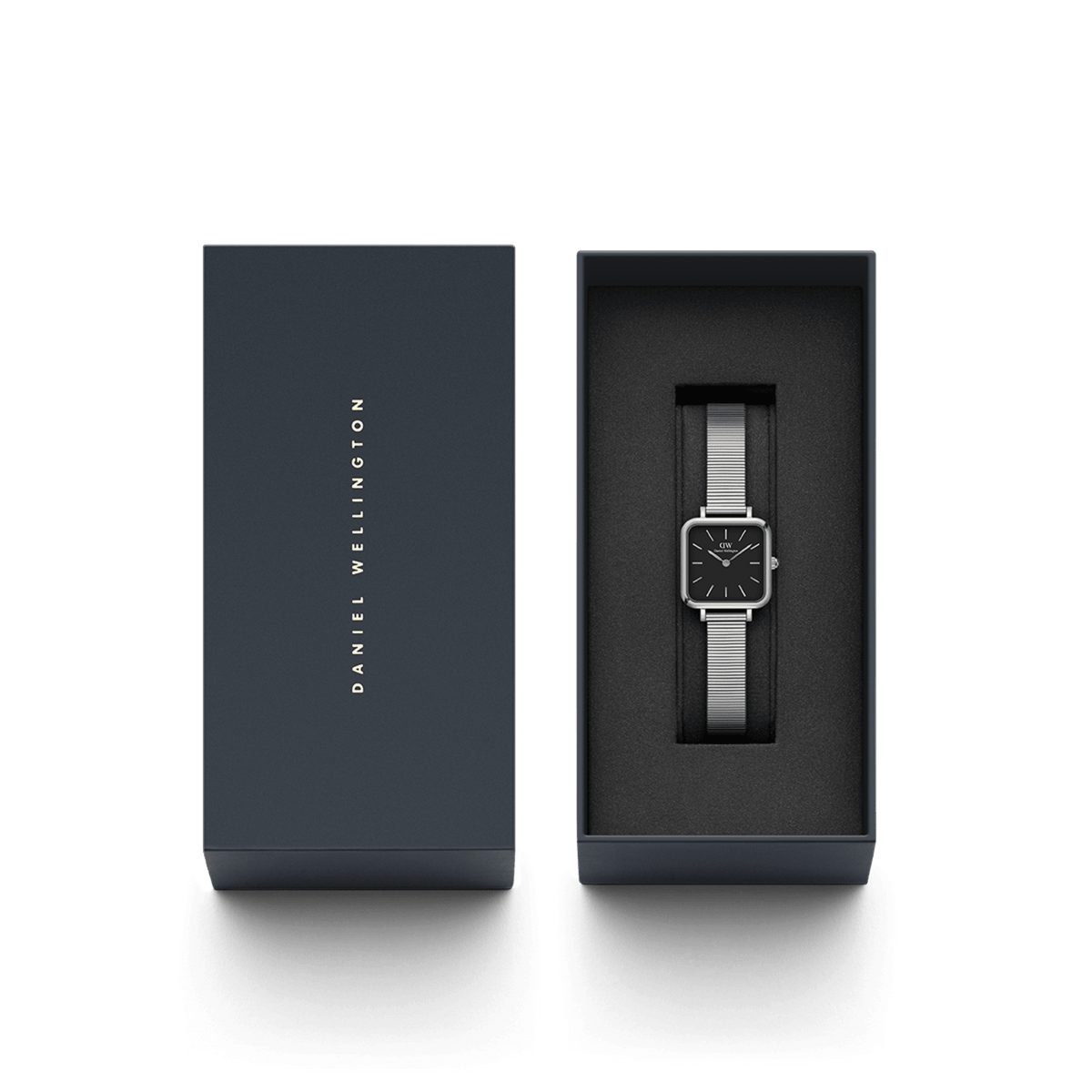 Quadro Studio Silver women’s watch with black dial and silver strap, elegantly presented in a Daniel Wellington gift box.