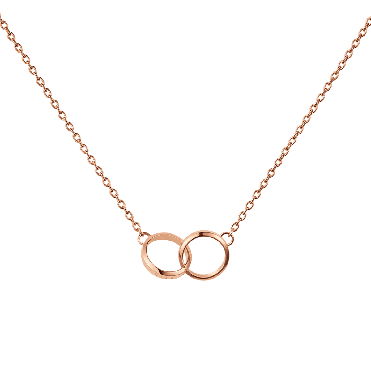 Rose gold chain necklace with two interlocking circles, minimalist design, Elan Unity Necklace by Daniel Wellington.