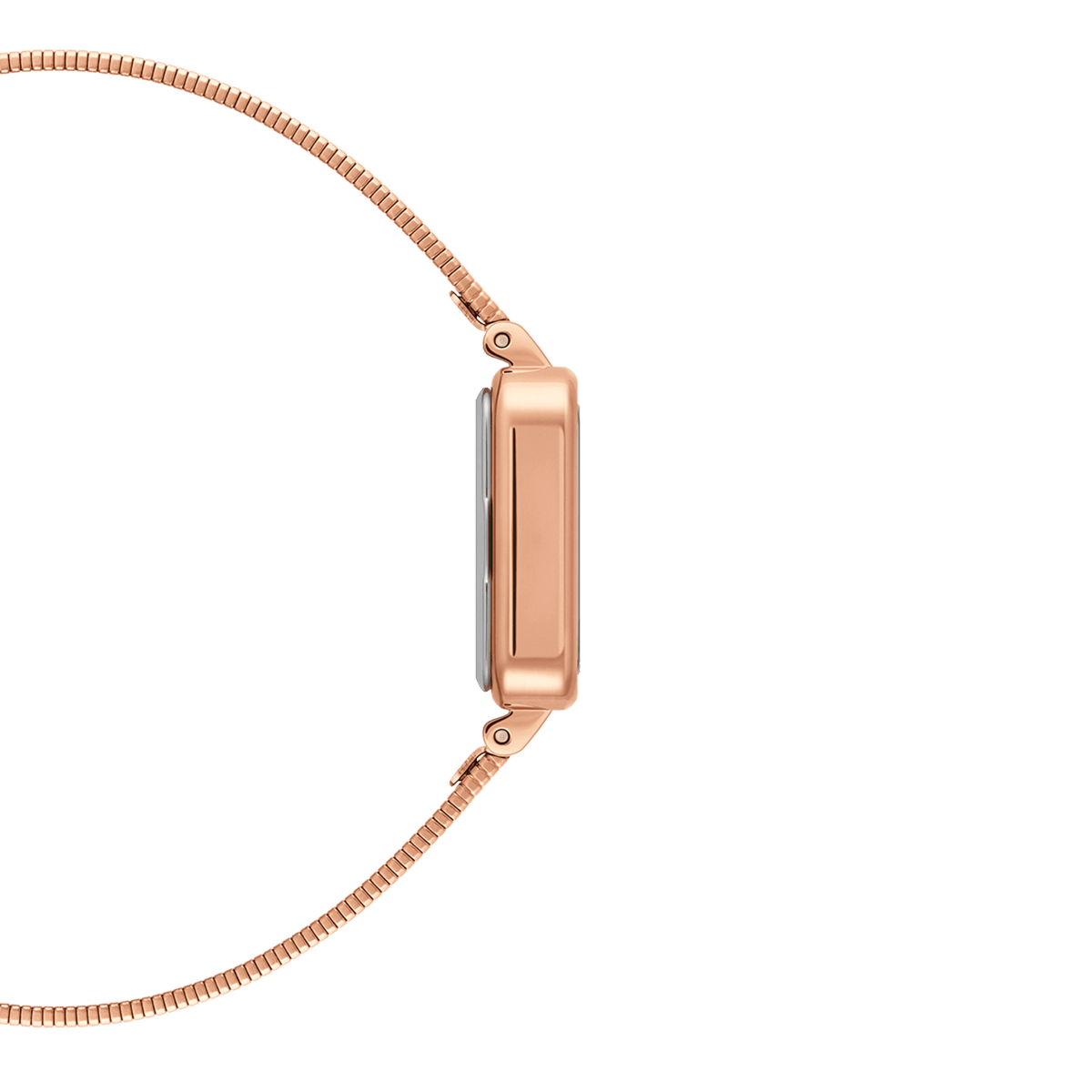 Side view of the Quadro Studio Green Rose Gold watch showing its slim rose gold case and slender Piano Link strap.