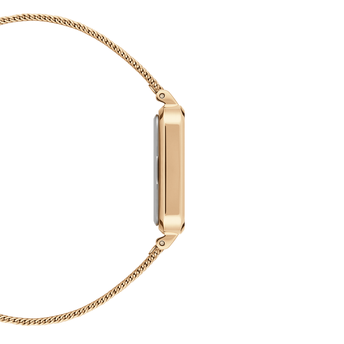 Slim rose gold rectangular case of the Quadro Pressed Melrose Emerald watch with fine mesh bracelet side profile.