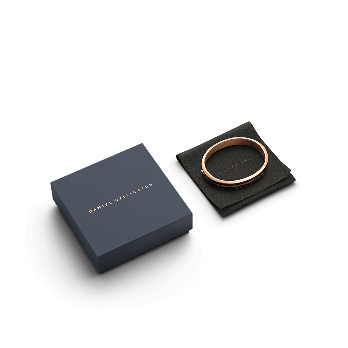 Daniel Wellington Emalie Infinite Rose Gold Black bangle displayed on a black jewellery pouch beside an elegant branded gift box.