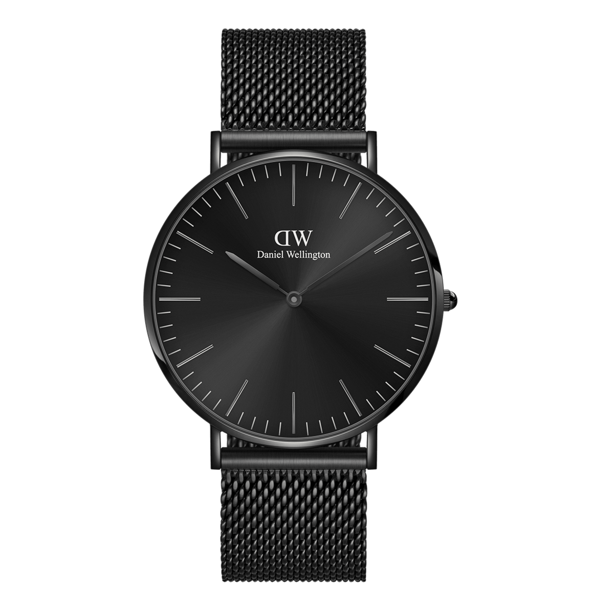 Classic Mesh Onyx Black watch featuring a minimalist black sunray dial, slim hands, and an elegant black stainless steel mesh strap.