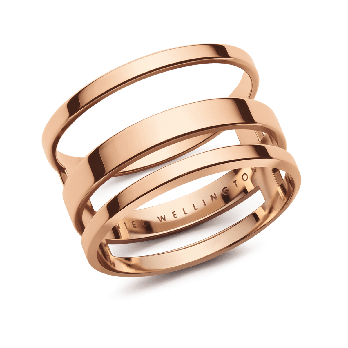 Rose gold Elan Triad Ring featuring a polished three-band design in stainless steel with subtle inner logo engraving.