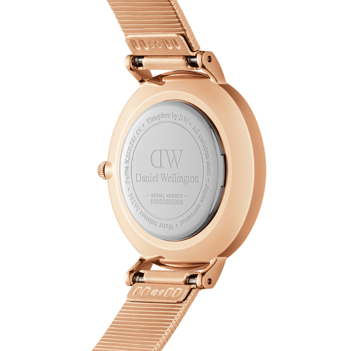 Close-up of the Petite Lumine Pressed Piano Black MoP Rose Gold watch case back, showing the engraved Daniel Wellington logo and rose gold pressed mesh strap.