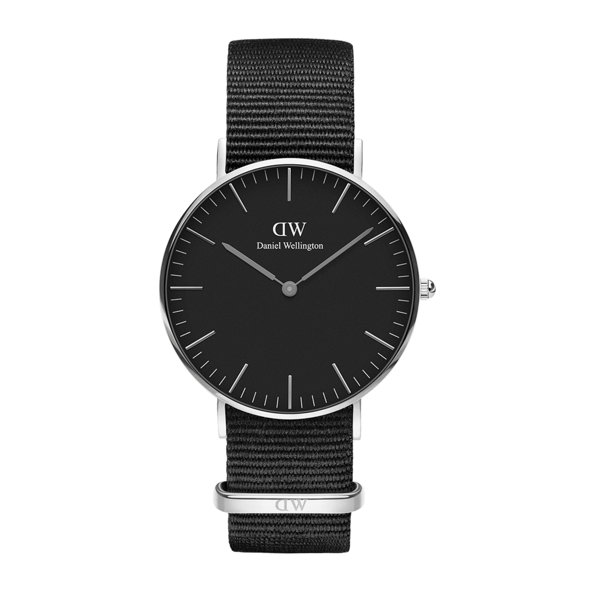 Classic Cornwall Black Silver watch featuring a minimalist black dial, silver markers and hands, and a sleek black NATO strap with polished stainless steel detailing.
