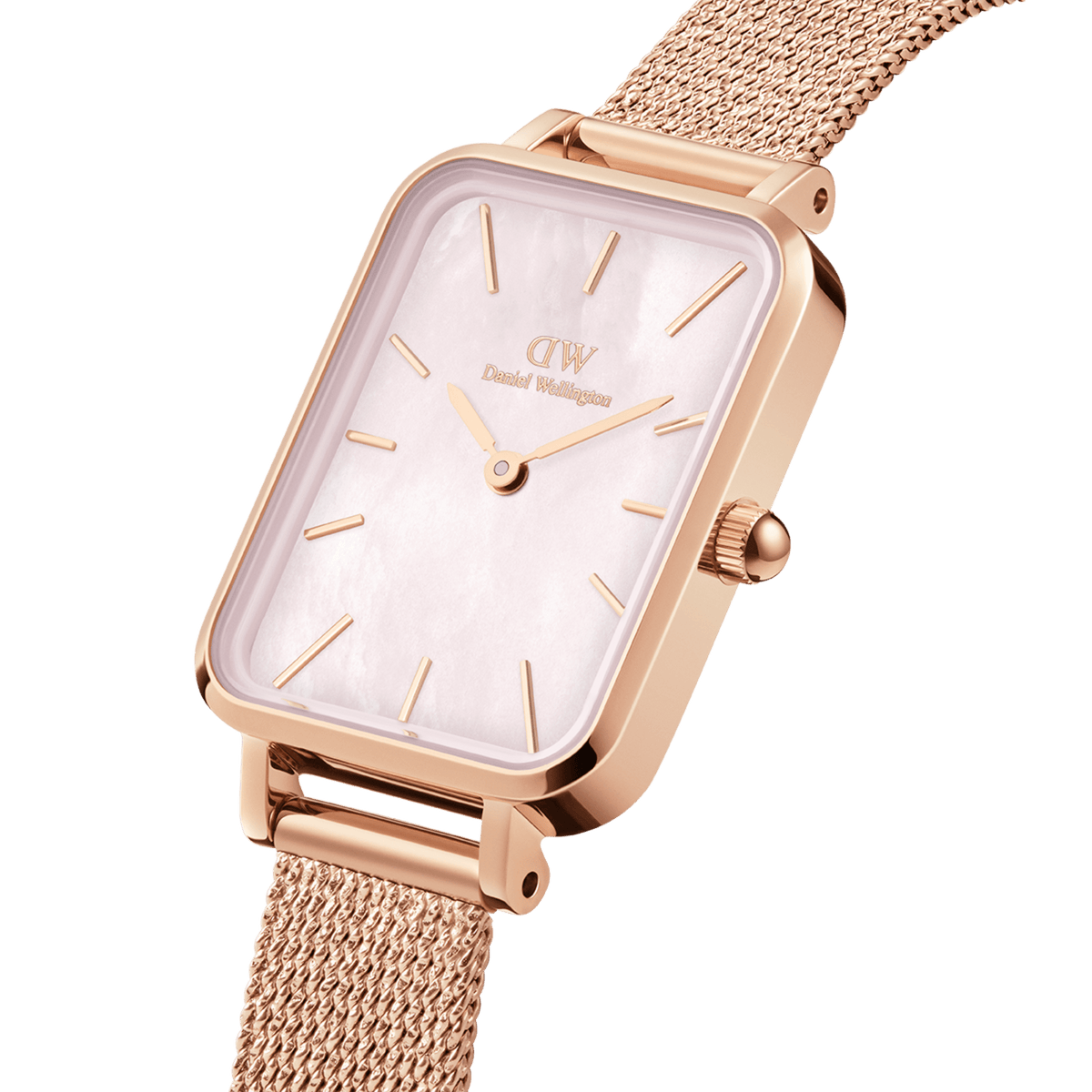 Quadro Pressed Melrose Pink MoP Rose Gold watch featuring a rectangular rose gold case, pink mother-of-pearl dial, and an elegant rose gold mesh strap.