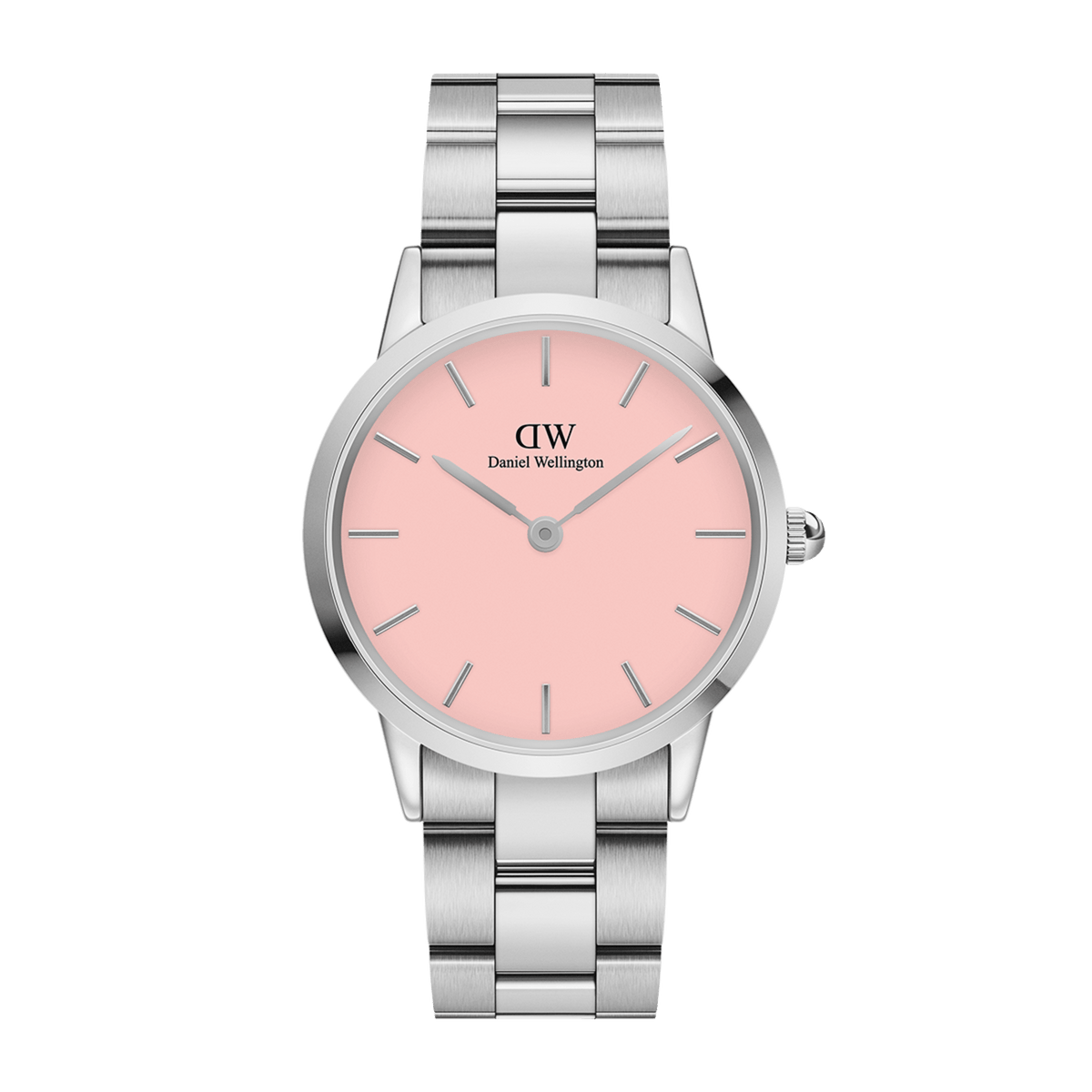 Women's Daniel Wellington Iconic Link Blush watch featuring a pastel pink dial, minimalist silver hour markers, and a polished stainless steel link bracelet.