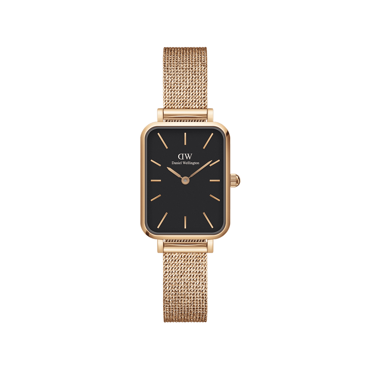 Rectangular rose gold women’s watch with a black dial and a pressed mesh stainless steel strap, featuring minimalist detailing and an elegant, contemporary design.