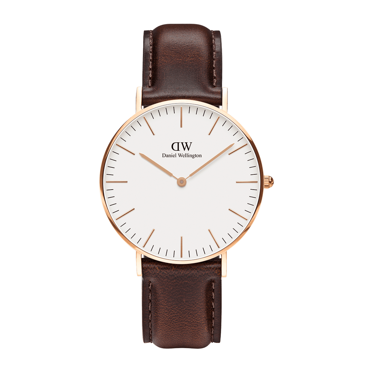 Minimalist Classic Bristol Rose Gold watch with an eggshell white face, slim rose gold detailing, and a dark brown leather strap.