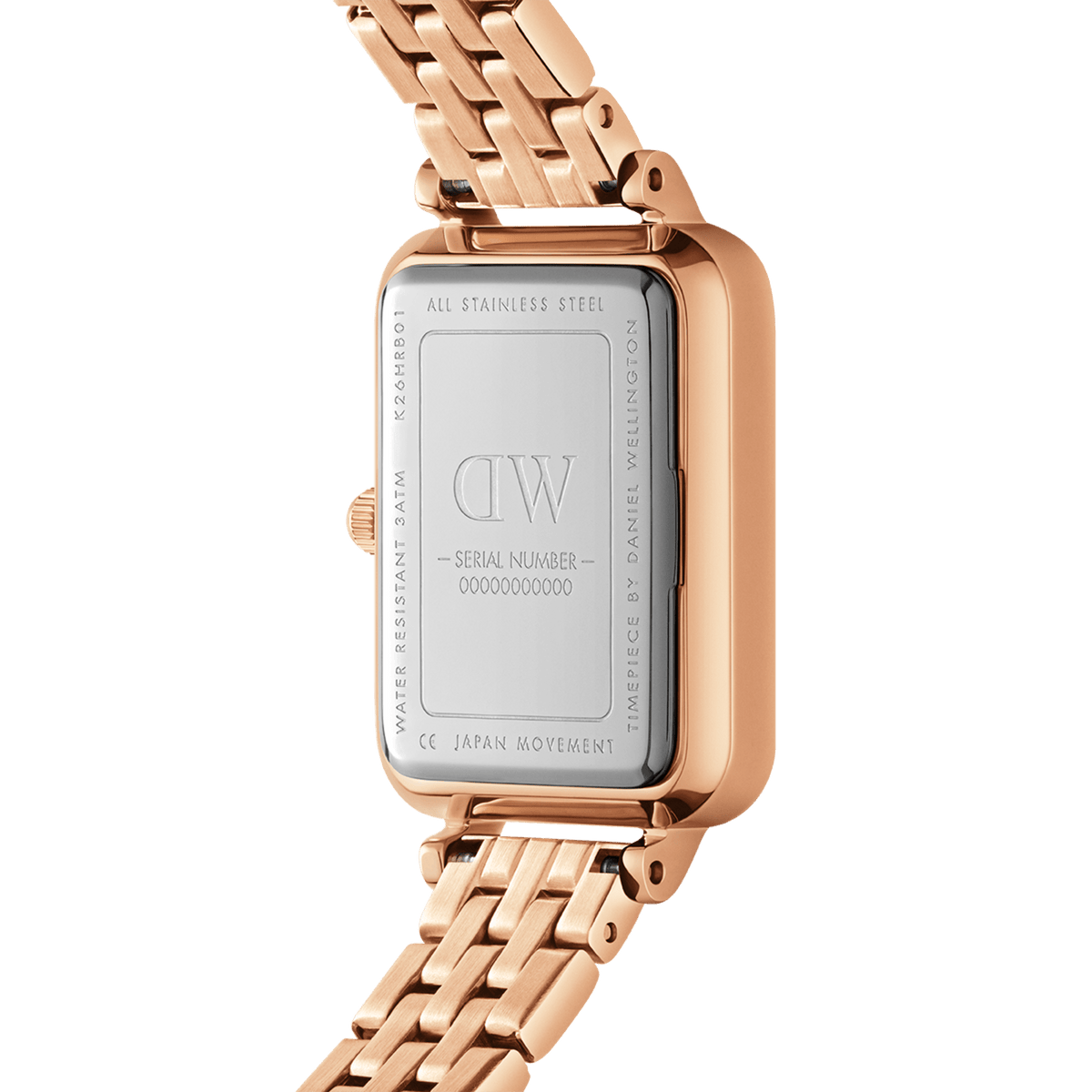 Close-up of the Quadro Lumine 5 Link Melrose Pink MoP Rose Gold watch showing the stainless steel case back, engraved branding, and rose gold bracelet detail.