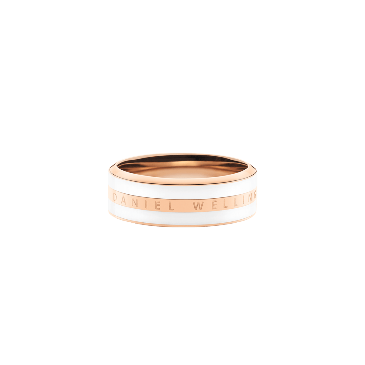 Satin white enamel and rose gold ring with the Daniel Wellington signature engraved, featuring a sleek, modern band design.