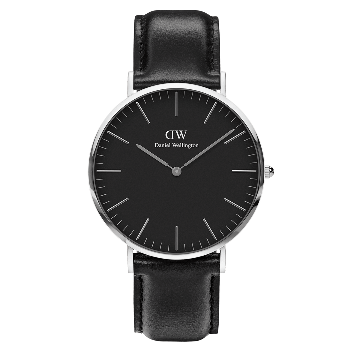 Daniel Wellington Classic Sheffield Black Silver watch with a black minimalist dial, silver case, and smooth black leather strap.