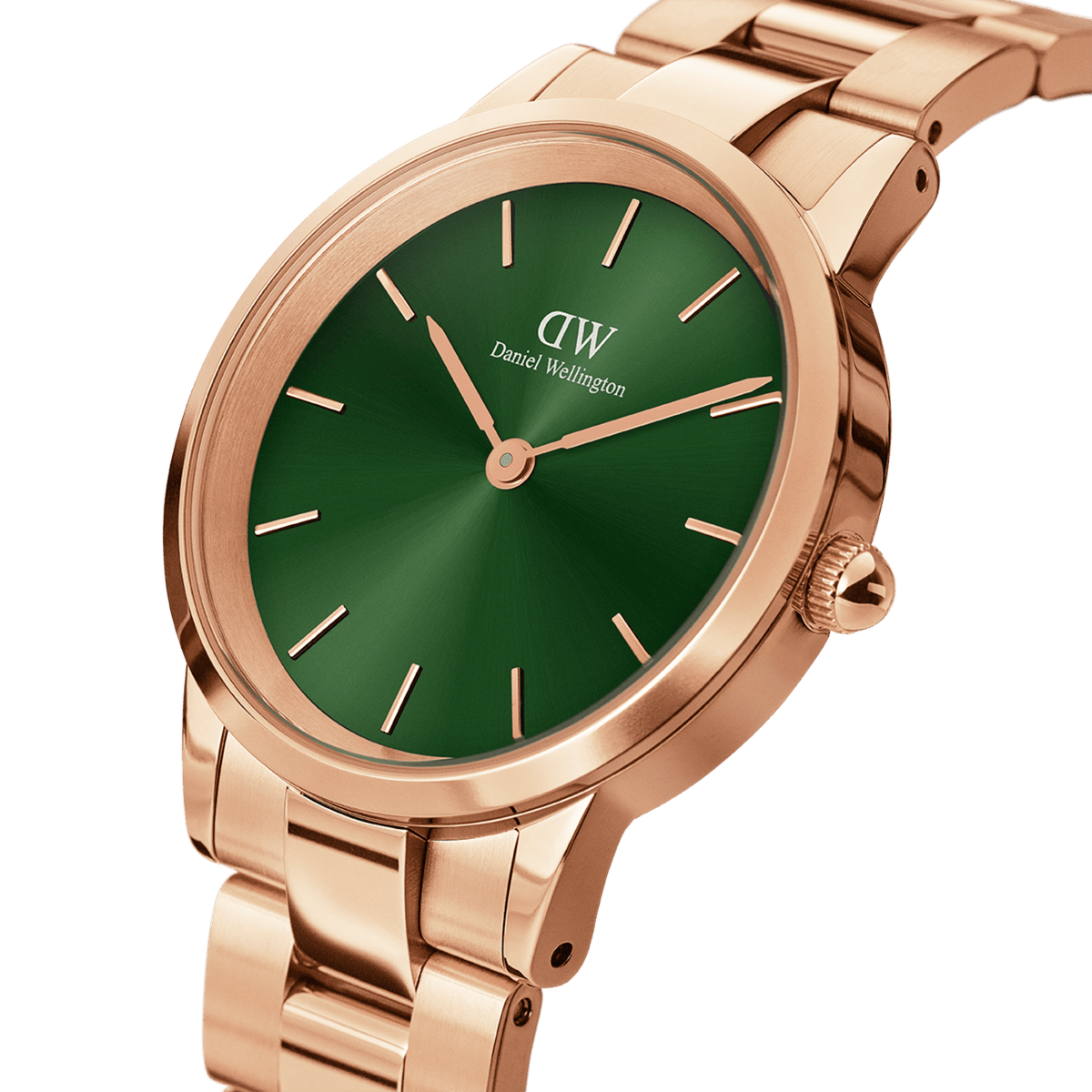 Daniel Wellington Iconic Link Emerald Green Rose Gold watch featuring a round emerald green dial, minimalist rose gold hour markers, and a polished rose gold link bracelet.