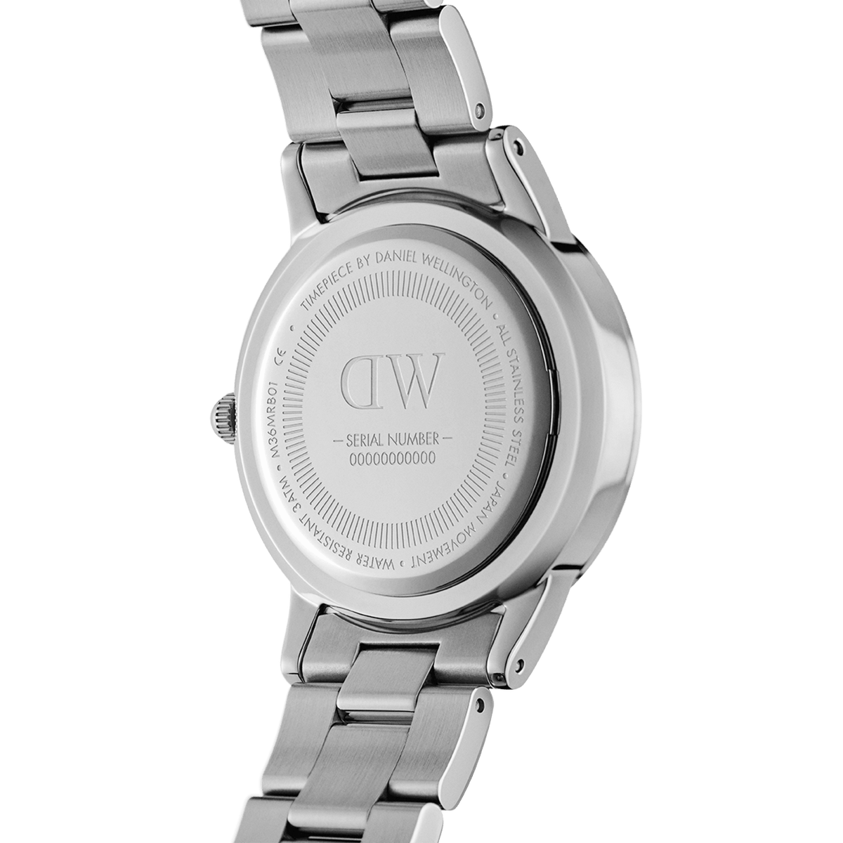 Back view of the Daniel Wellington Iconic Link Arctic watch showing the engraved stainless steel case back and brushed silver link bracelet.