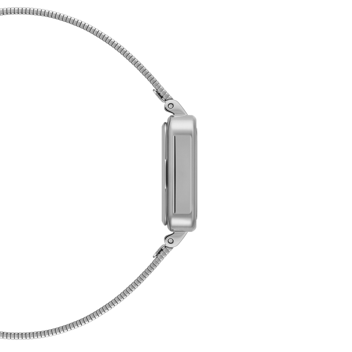 Side profile of Quadro Studio Silver women’s watch with slim stainless steel case and sleek Piano Link strap.