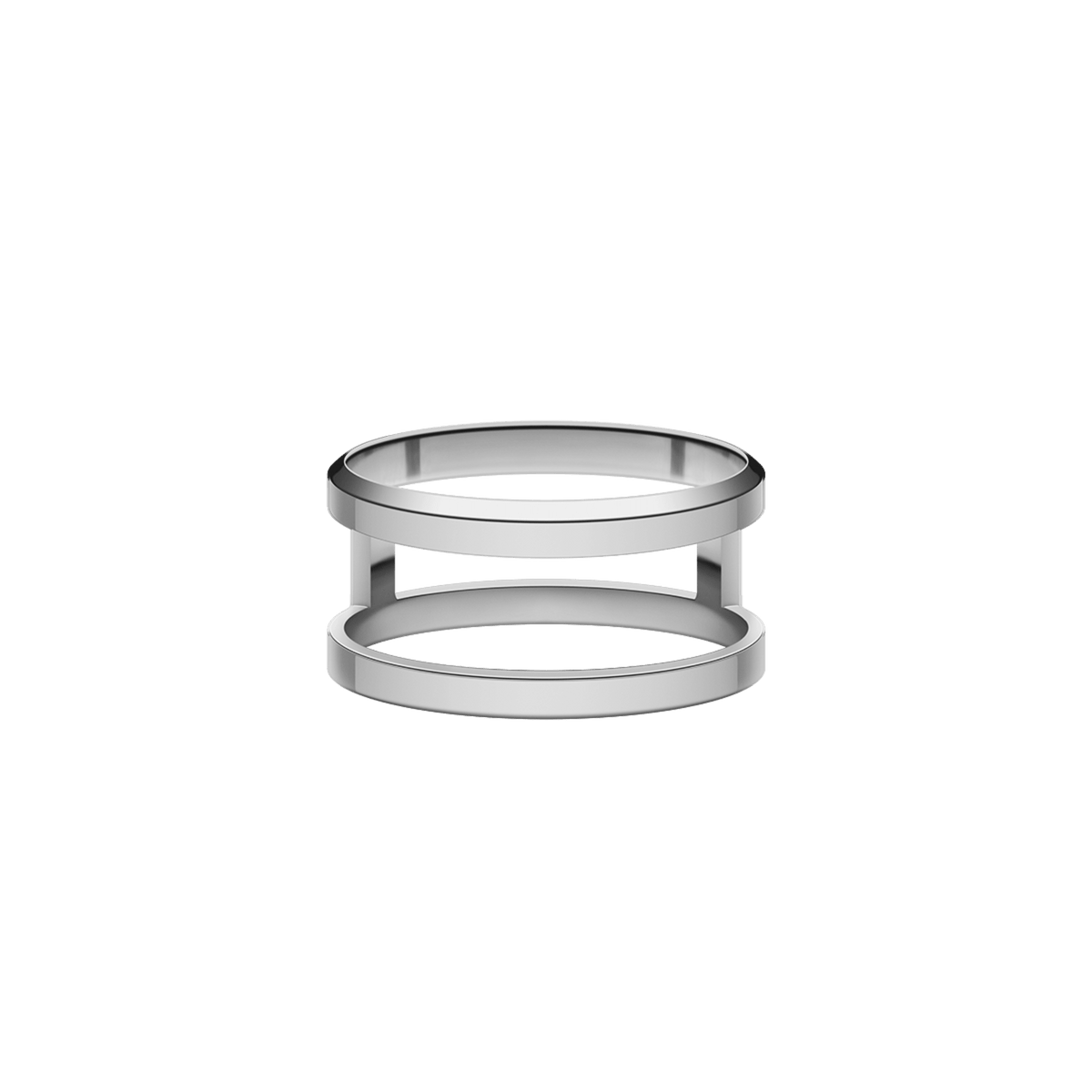 Minimalist silver ring featuring a dual band silhouette with a polished finish and open structure.