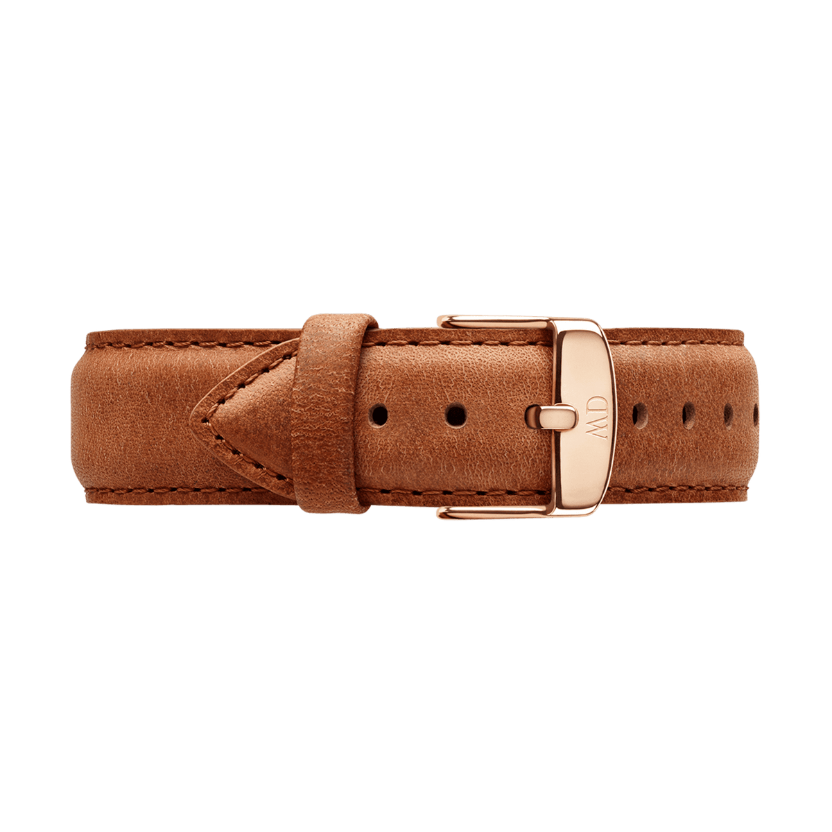 Light brown genuine leather watch strap for the Classic Durham Rose Gold, featuring a rose gold buckle engraved with the Daniel Wellington logo.
