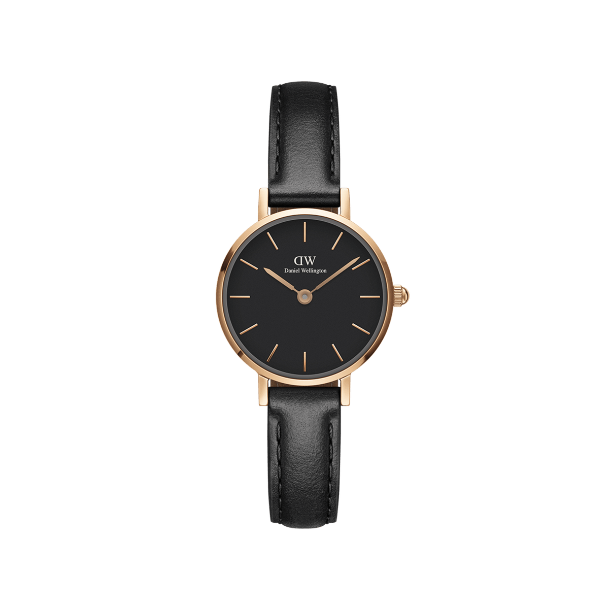Slim Daniel Wellington women’s watch with a black leather strap, rose gold case, and minimalist black dial featuring rose gold hour markers and hands.
