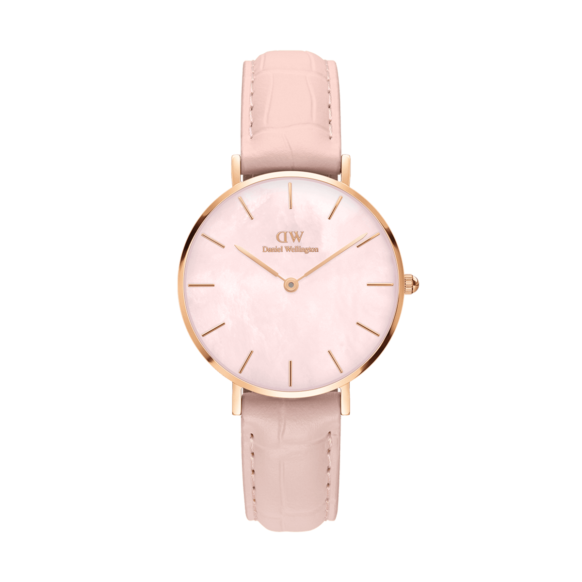 Petite Rouge Rose Gold women’s watch with pink mother-of-pearl dial and pastel nude croc-pattern leather strap.