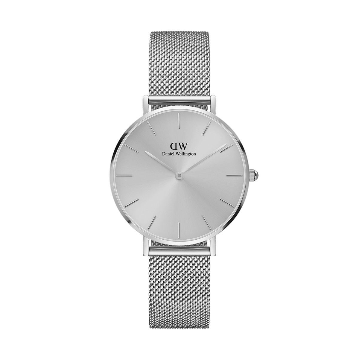 Petite Unitone Silver women’s watch with minimalist silver dial and mesh strap, polished stainless steel, Daniel Wellington.