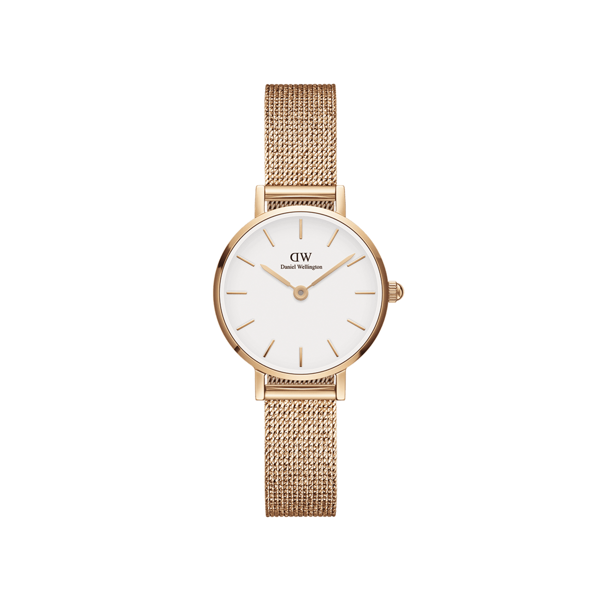 Petite Pressed Melrose women’s watch with rose gold mesh strap, eggshell white dial, and minimalist rose gold markers.