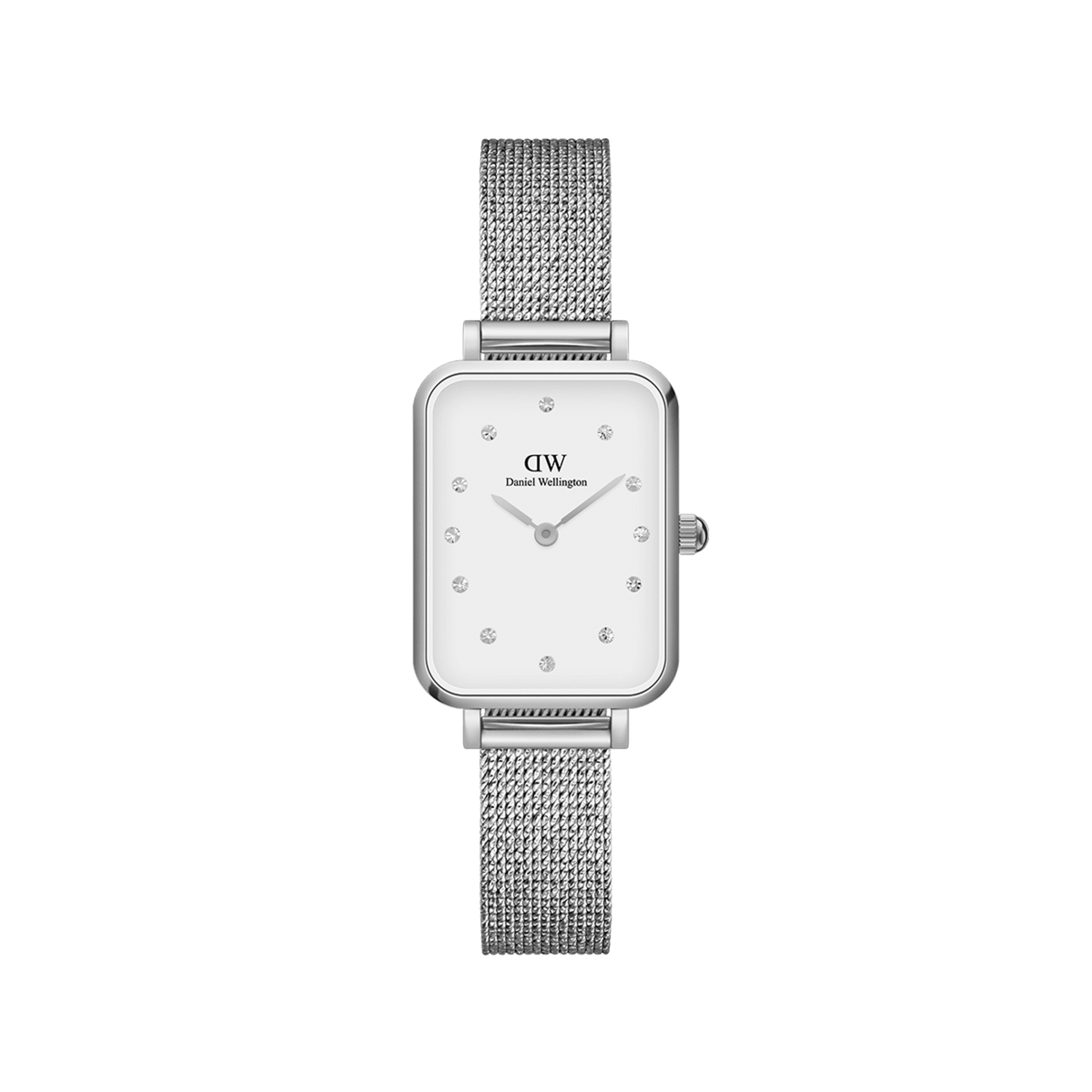 Quadro Lumine Pressed Sterling women’s watch with silver mesh bracelet, rectangular case, and crystal index eggshell dial.