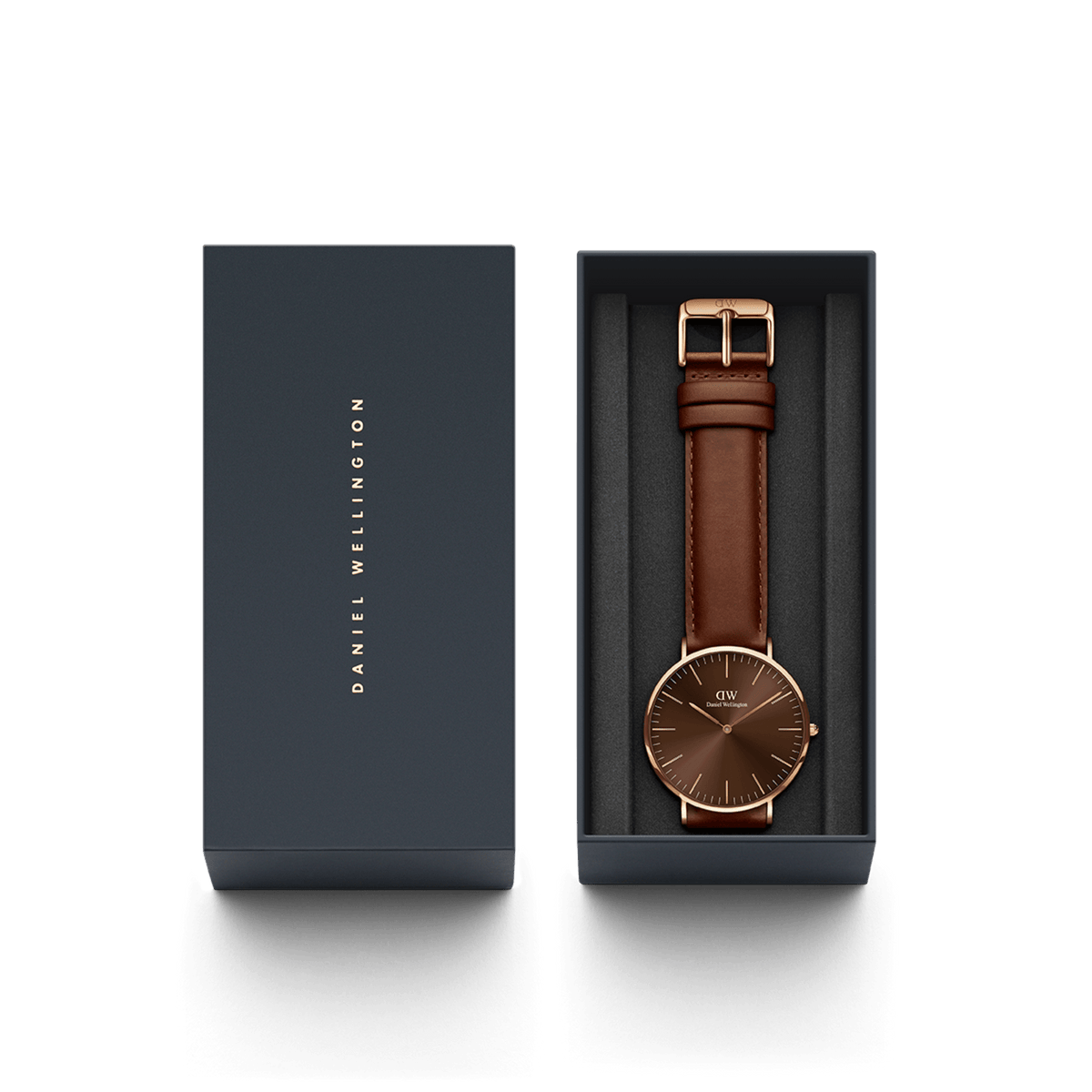 Classic St Mawes Amber Rose Gold watch with a brown sunray dial and leather strap, elegantly presented in a dark Daniel Wellington gift box.