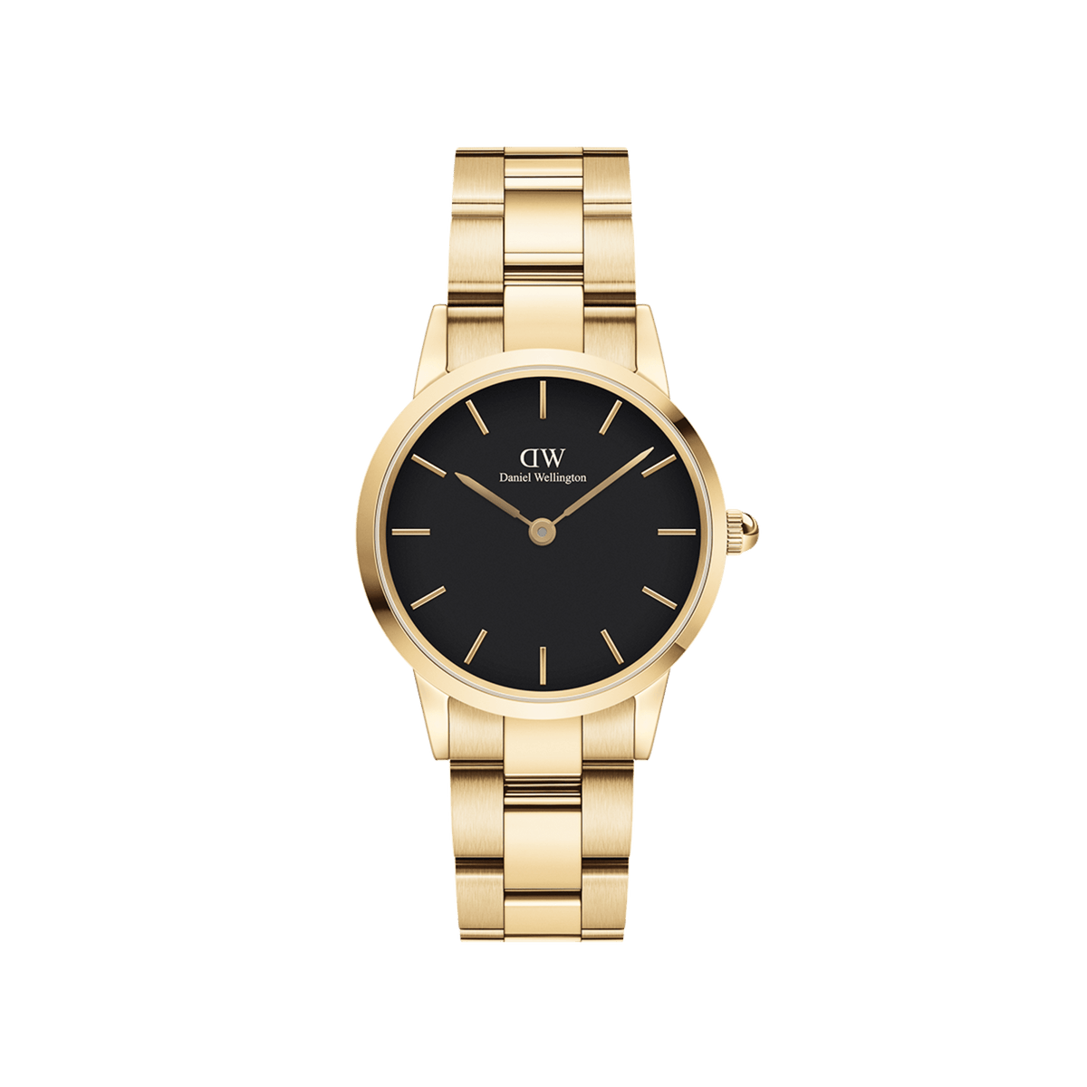Gold women’s watch with black dial, minimalist gold hour markers, and polished link bracelet by Daniel Wellington.
