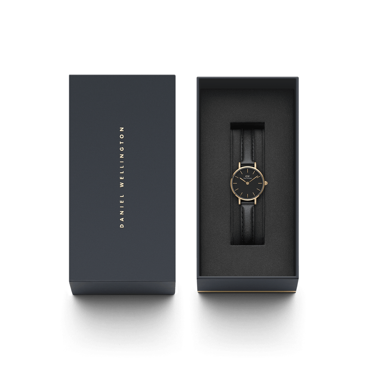 Petite Pressed Sheffield Black Rose Gold watch with a black leather strap, presented in an elegant Daniel Wellington gift box.
