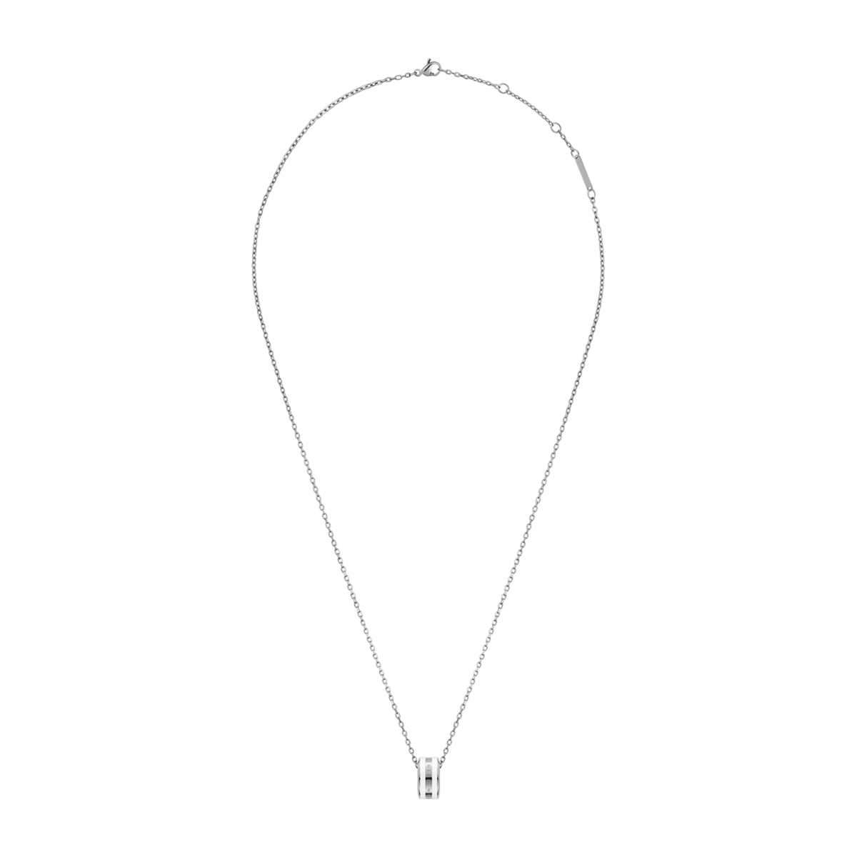 Delicate silver necklace with an adjustable chain and a satin white enamel ring pendant, finished with subtle engraved branding.