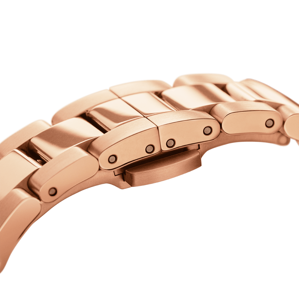 Detail of Daniel Wellington Iconic Link Rose Gold watch bracelet, showing polished rose gold stainless steel links and clasp.