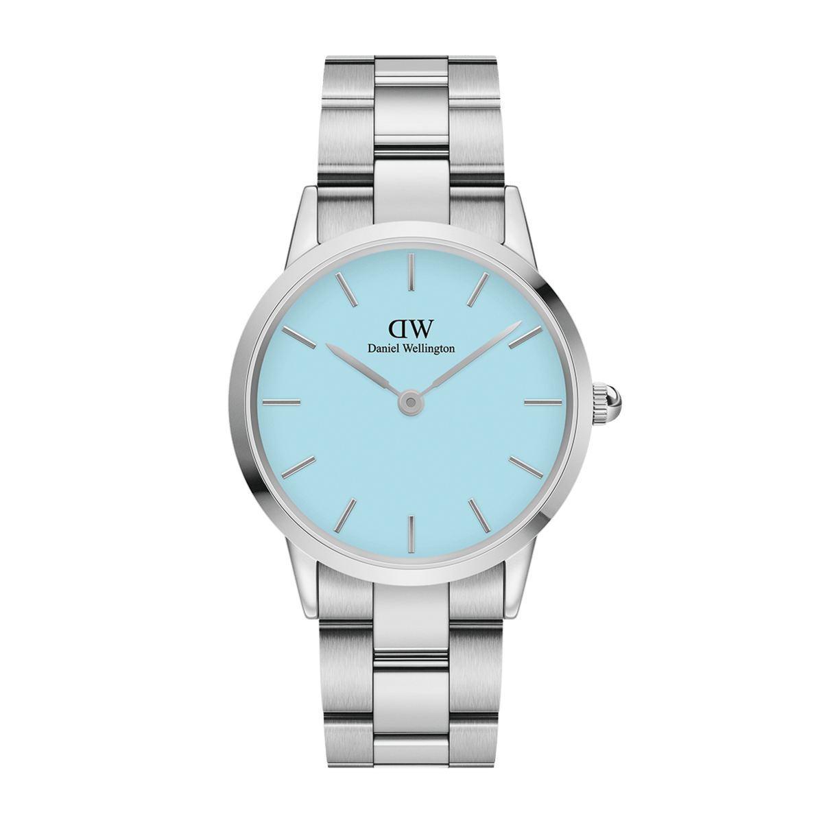 Daniel Wellington Iconic Link Capri Silver women’s watch with pastel blue dial and polished stainless steel link bracelet.