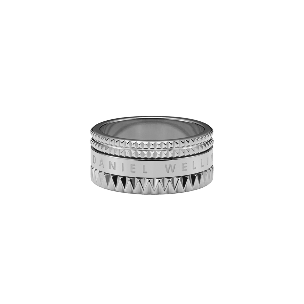 Silver Elevation Ring by Daniel Wellington featuring a wide polished band, geometric textured edges, and engraved branding.