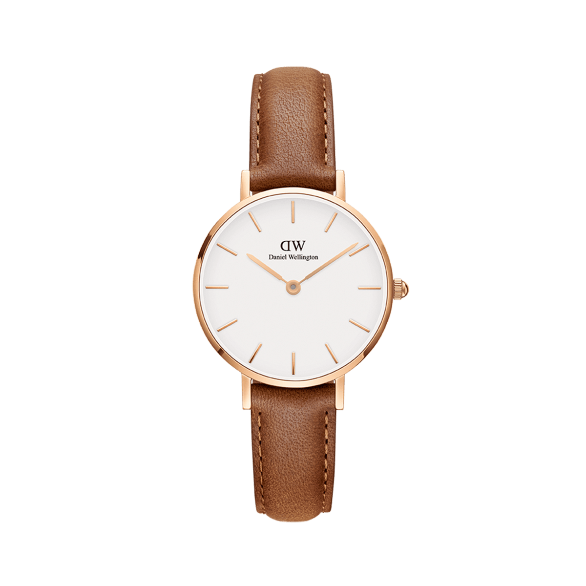 Petite Durham Rose Gold watch featuring a slim rose gold case, minimalist white dial, and a light brown leather strap with visible stitching.