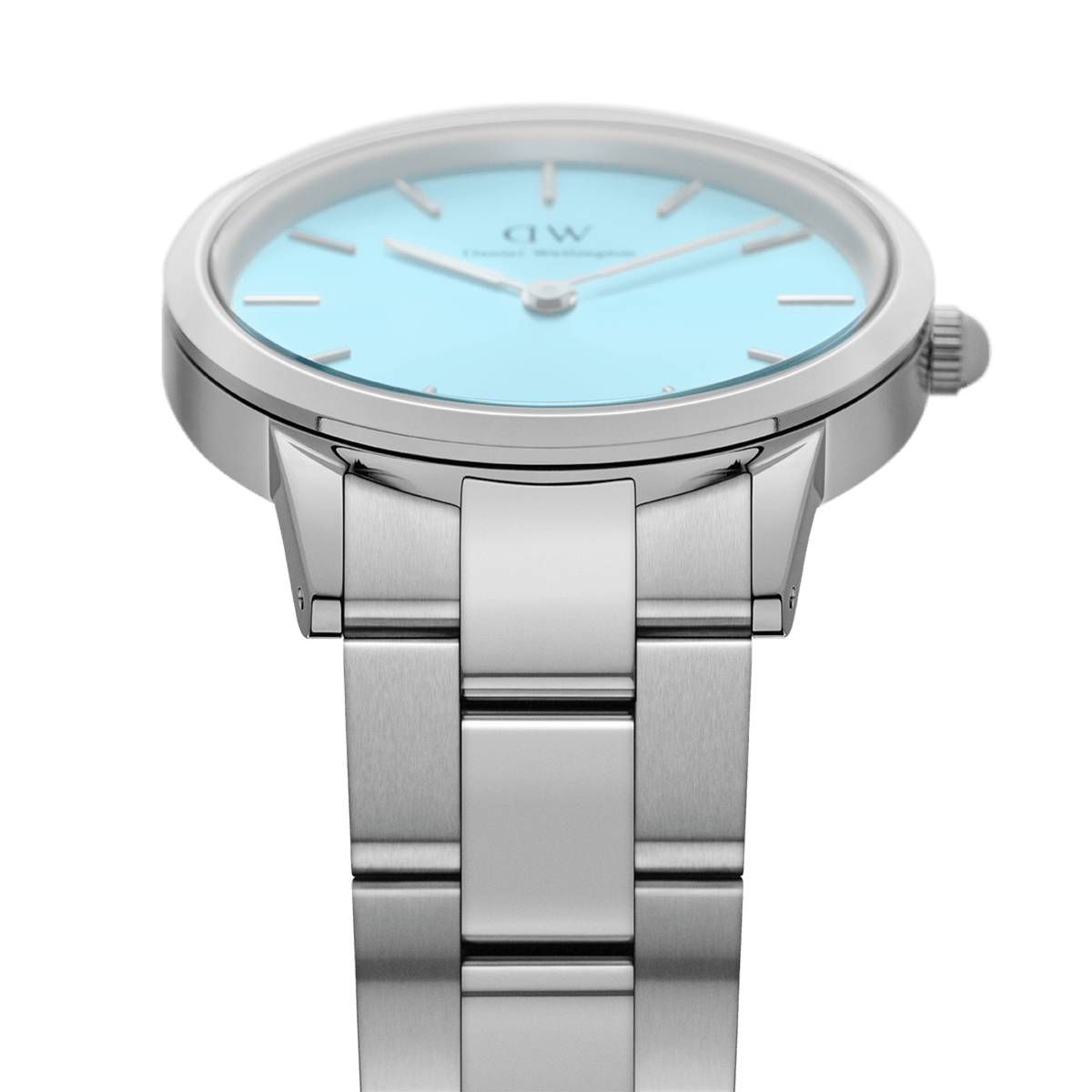Daniel Wellington Iconic Link Capri Silver watch featuring a pastel blue dial and brushed stainless steel link bracelet.