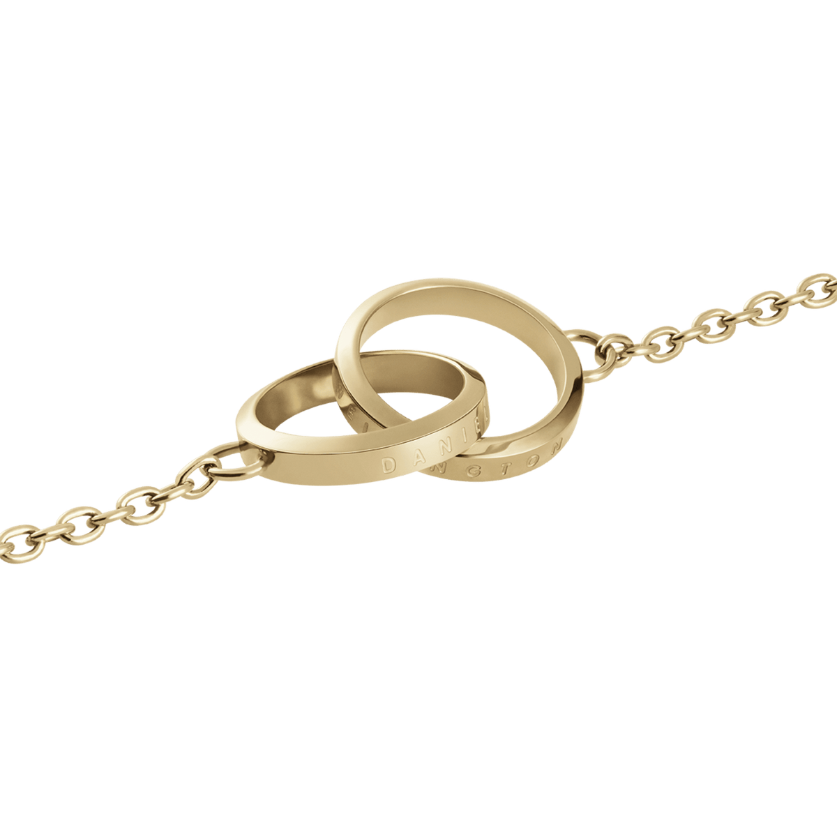Close-up of the Elan Unity Bracelet’s gold interlocking rings centrepiece on a fine chain, showcasing its polished finish and engraved detailing.