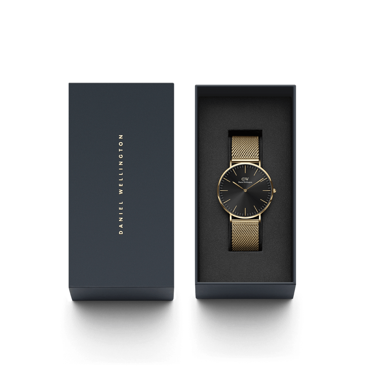 Classic Mesh Onyx Gold wristwatch with a black dial and gold mesh strap, elegantly presented in a dark Daniel Wellington gift box.
