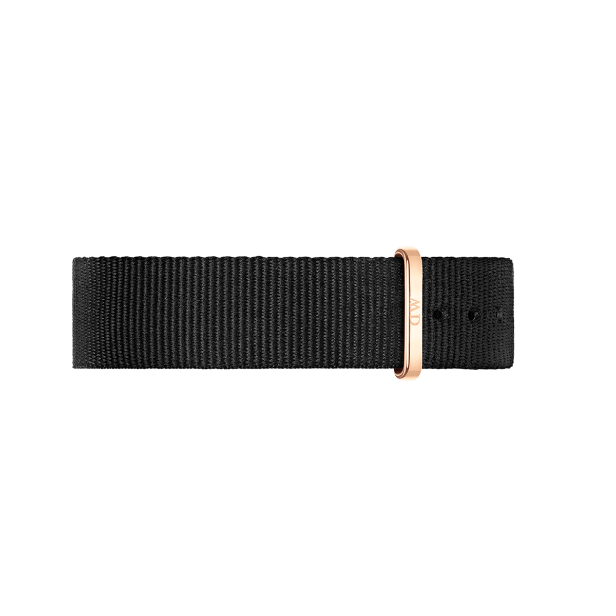 Black NATO watch strap with a rose gold-plated buckle, designed for the Classic Cornwall Black Rose Gold watch.