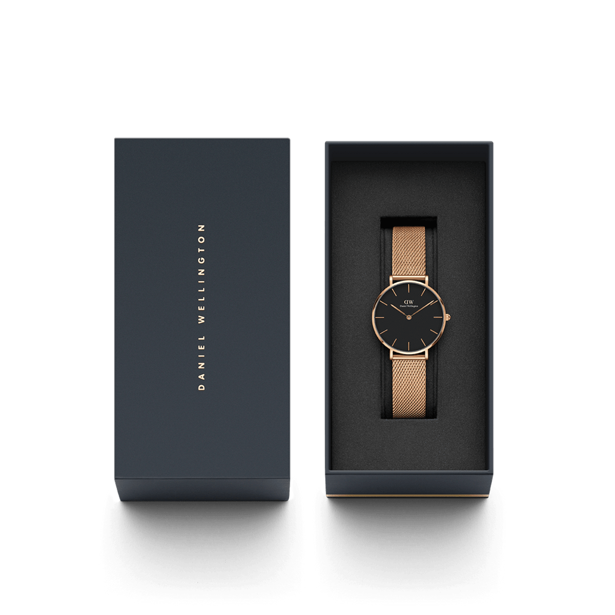 Daniel Wellington Petite Melrose watch with black dial and rose gold mesh strap presented in a sleek branded gift box.