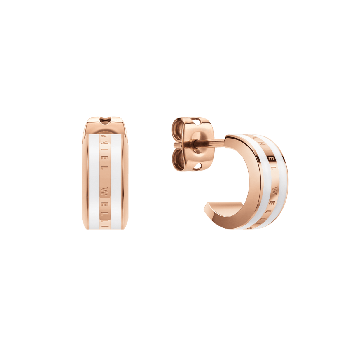 Rose gold hoop earrings with a satin white enamel inlay, featuring the Daniel Wellington logo engraved along the edge and a secure butterfly back fastening.