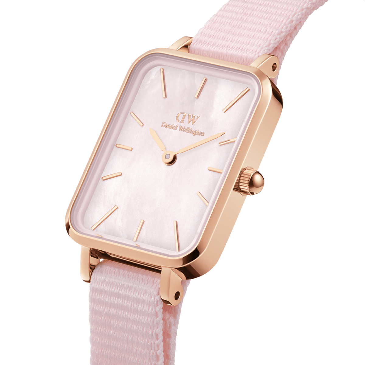 Quadro Coral Rose Gold women’s watch with pink mother-of-pearl dial, rose gold case, and pastel pink NATO strap.