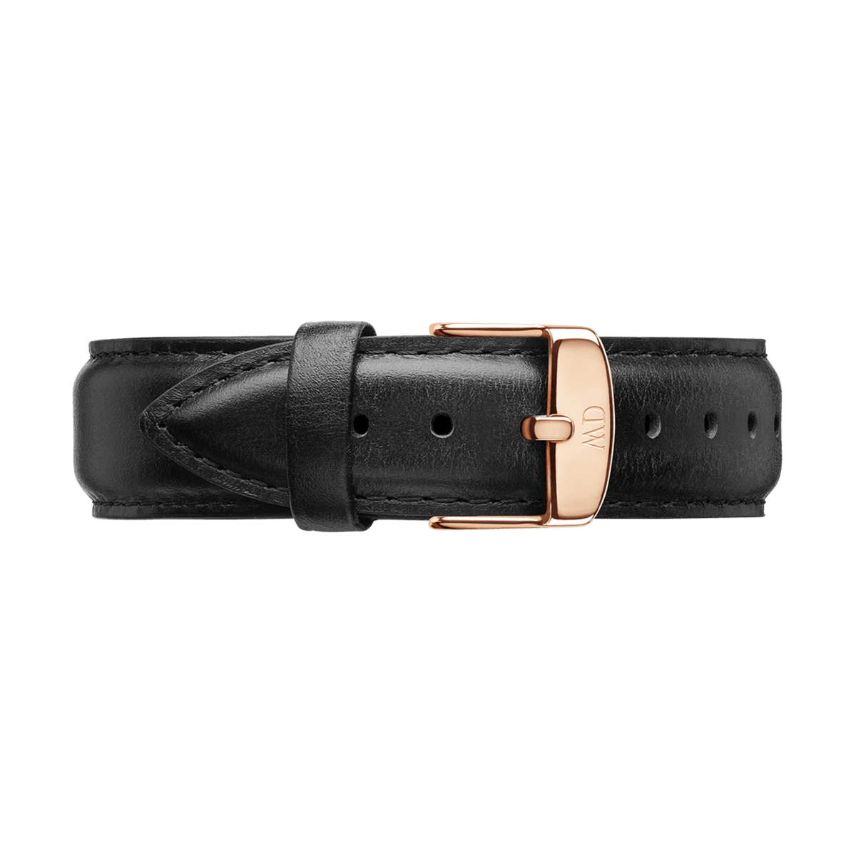 Black genuine leather watch strap with rose gold buckle and subtle stitching, designed for the Classic Sheffield Rose Gold.