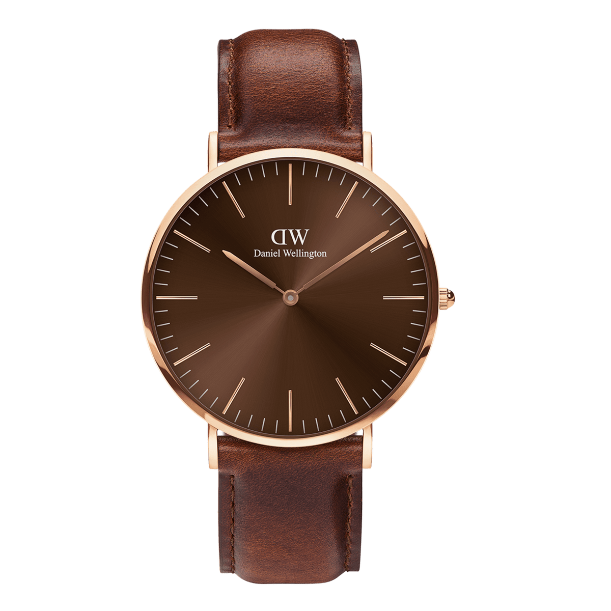 Classic St Mawes Amber Rose Gold watch featuring a rich brown sunray dial, minimalist rose gold case, and a genuine brown leather strap.