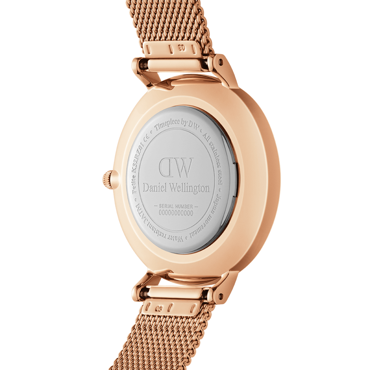Back view of the Petite Melrose Light Pink watch showing the engraved stainless steel case and rose gold mesh strap.