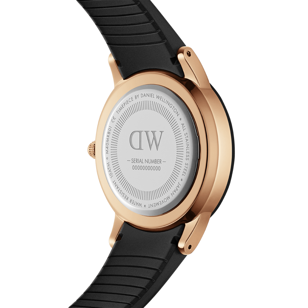 Back view of Iconic Motion Rose Gold women’s watch with engraved case, black rubber strap, and rose gold stainless steel.